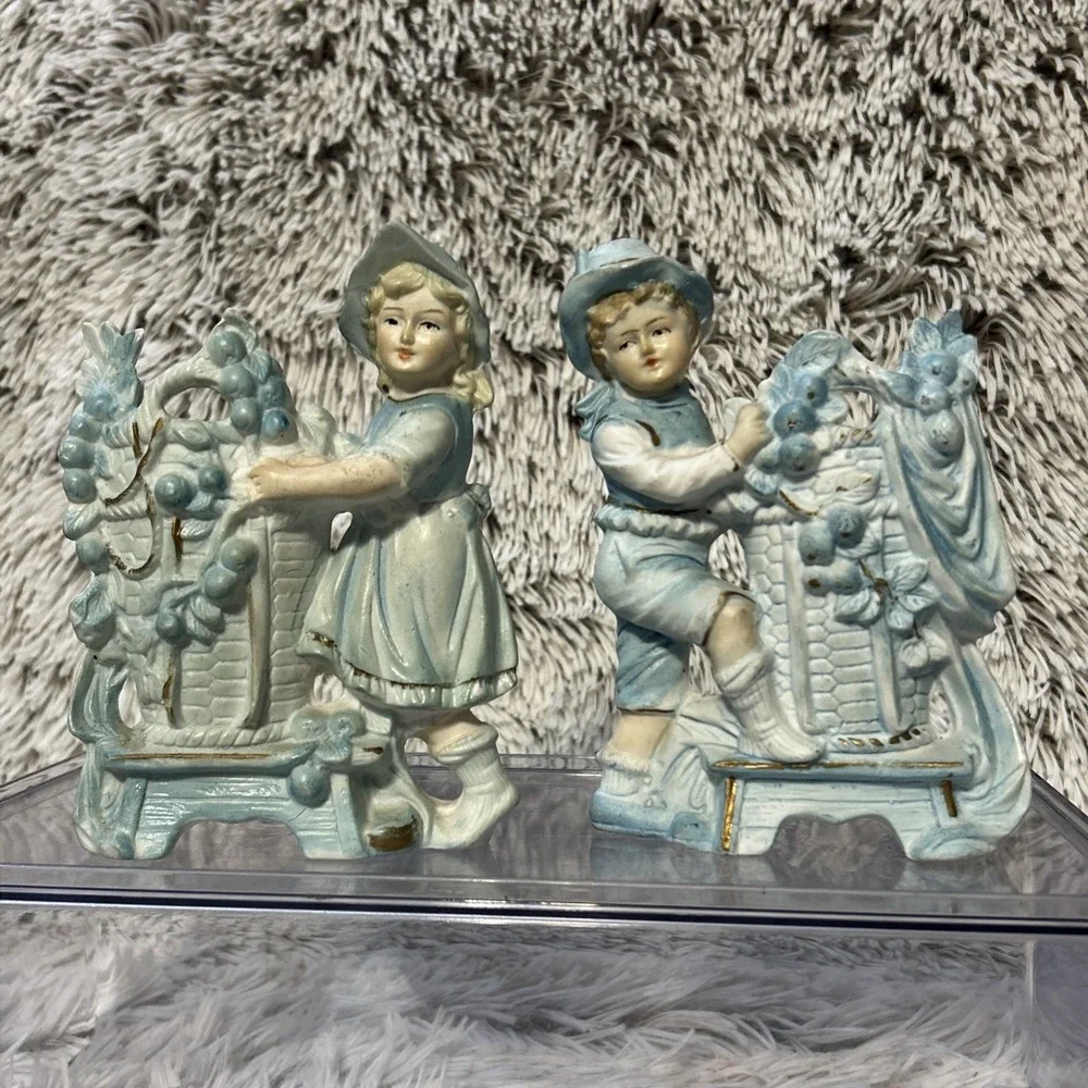 Pair Antique Bisque‎ Porcelain Victorian Boy & Girl Children Child Spill Vases